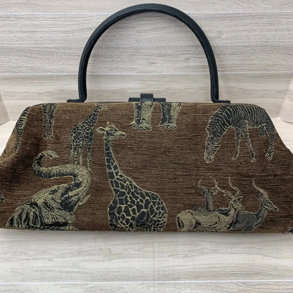 Raviani Dallas TX Safari Animal Tapestry Leather Trim Frame Satchel Handbag